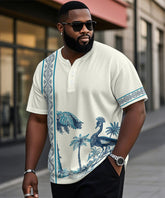 Men's Plus Size Hawaiian Blue Peacock Print Henry Collar Button Short Sleeve Tee